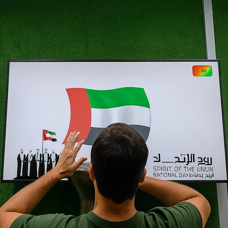 Guest playing Drum-to-Reveal interactive game at a Dubai event, beating the drum to reveal a hidden image on a large screen, designed for exhibitions and activations.